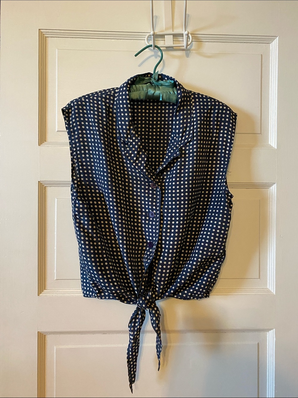 100% Silk Sleeveless Navy Polka Dot Tie-Front Cropped Blouse